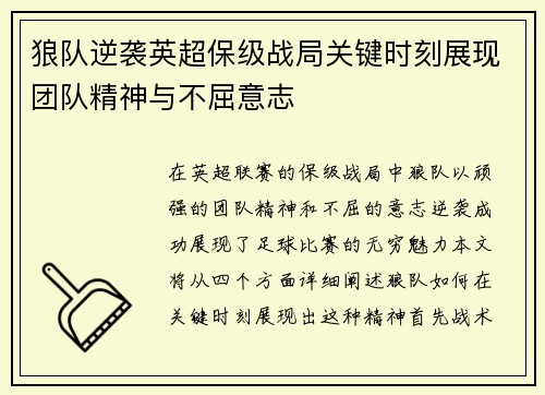 狼队逆袭英超保级战局关键时刻展现团队精神与不屈意志