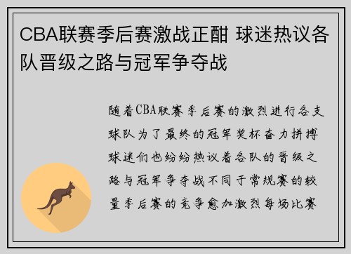 CBA联赛季后赛激战正酣 球迷热议各队晋级之路与冠军争夺战